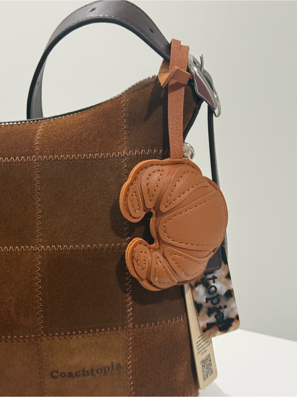 Leather Croissant Bag Charm Keychain - Tan